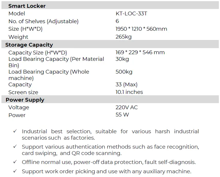 Product Specifications for Smart Tool & Asset Cabinets